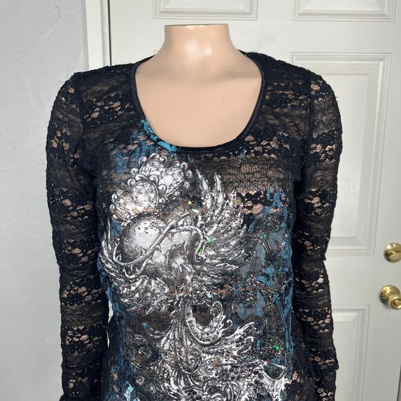 Vintage Y2K Angel & Diamonds Women's Shirt Large Floral Sheer Lace Wing Paint A9 - Picture 2 of 7